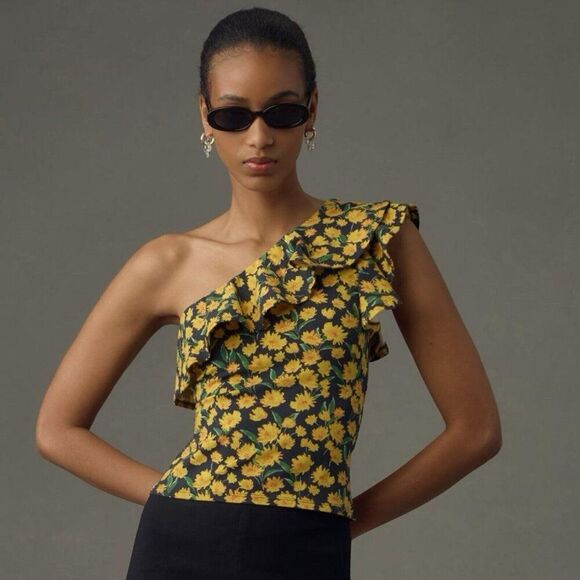 Anthropologie Maeve One Shoulder Ruffled Top Womens XL Floral Black TOP RATED - Picture 1 of 14